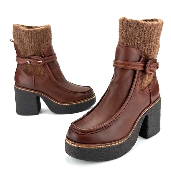 Sam Edelman Sidney Chunky Platform Bootie Size 10M Brown Leather Australian Wool - Picture 1 of 15